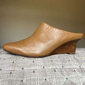 Vince Benita Cognac Tan Leather Mules Women 7 M Square Toe Slip On Clog Wedge